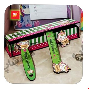 ست جامدادی یونیکورن 5 تکه چوبی - به همراه خط کش سرکلیدی بوک مارک گیره مو